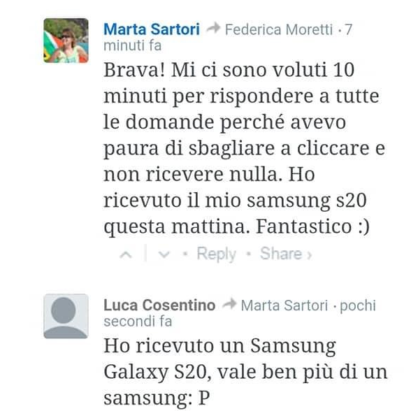 Clicca per ingrandire l'immagine delle recensioni positive degli utenti che hanno partecipato al sondaggio e hanno l'obiettivo di rendere il tutto più attendibile ma che in realtà è una truffa!